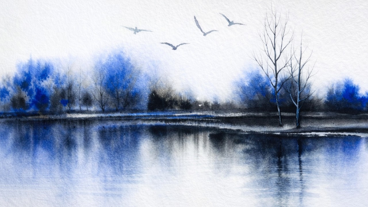 Calming Blue Watercolor Landscape Painting | Relaxing Nature Art Tutorial