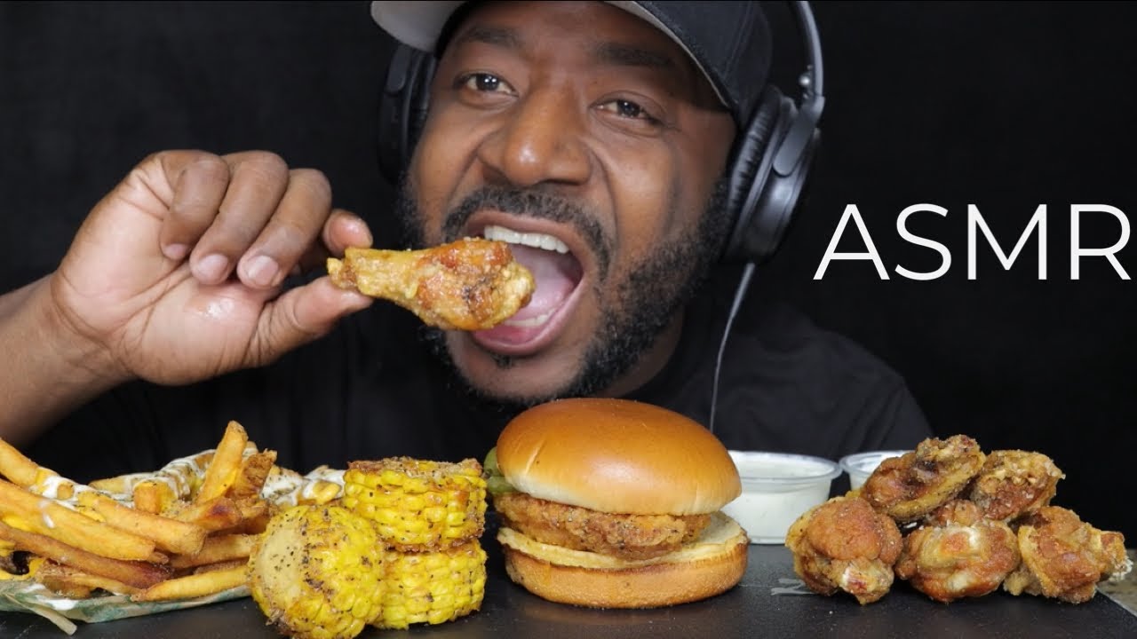 ASMR EATING WINGSTOP CHICKEN WINGS, VOODOO FIRES, CAJUN CORN & CHICKEN SANDWICH. MUKBANG. TCASMR
