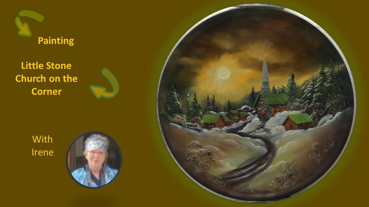 Painting a winter sunset in oils-Little stone church on the corner