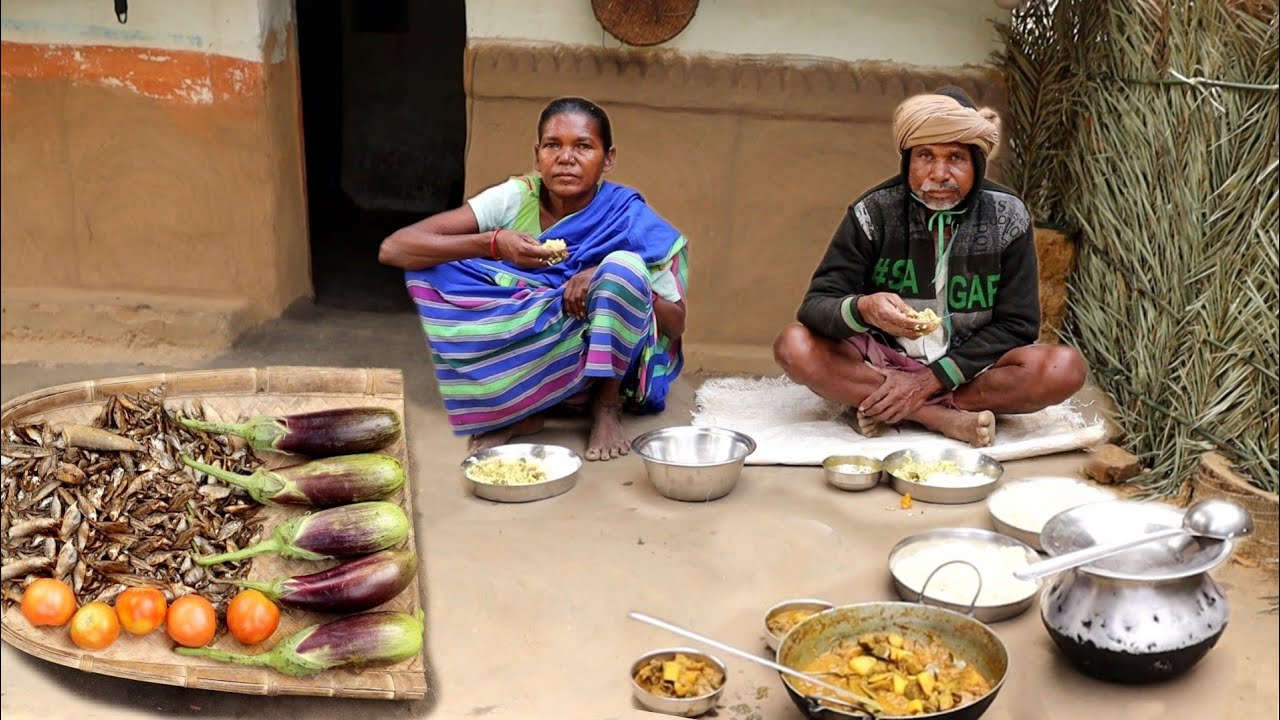 how she cook brinjal curry recipe with dry fish for her own man || indian rural village life