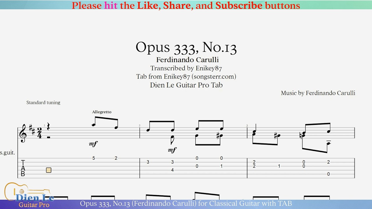 Opus 333, No.13 (Ferdinando Carulli) for Classical Guitar with TAB