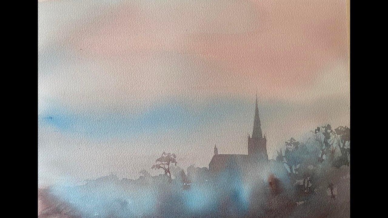 Рисуем красивый двухцветный пейзаж с туманным утром и восходом солнца. Урок свободной акварели.