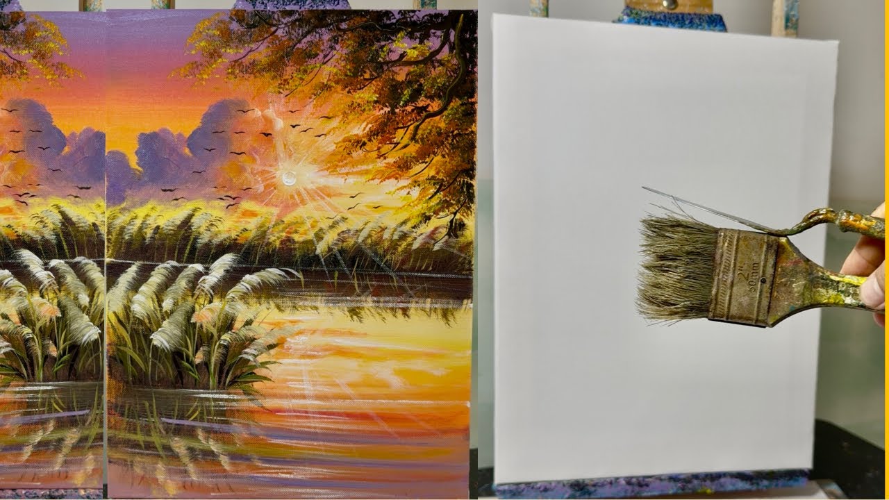 How to Paint a Sunset with Silver Grass Reflections on the River | Acrylic on Canvas