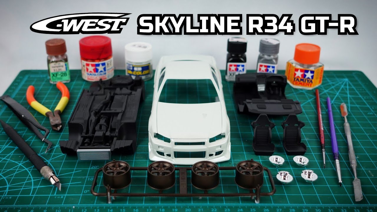 Building A C-West Nissan Skyline R34 GT-R Replica Model Car. 1/24 Scale plastic Model Aoshima,Tamiya