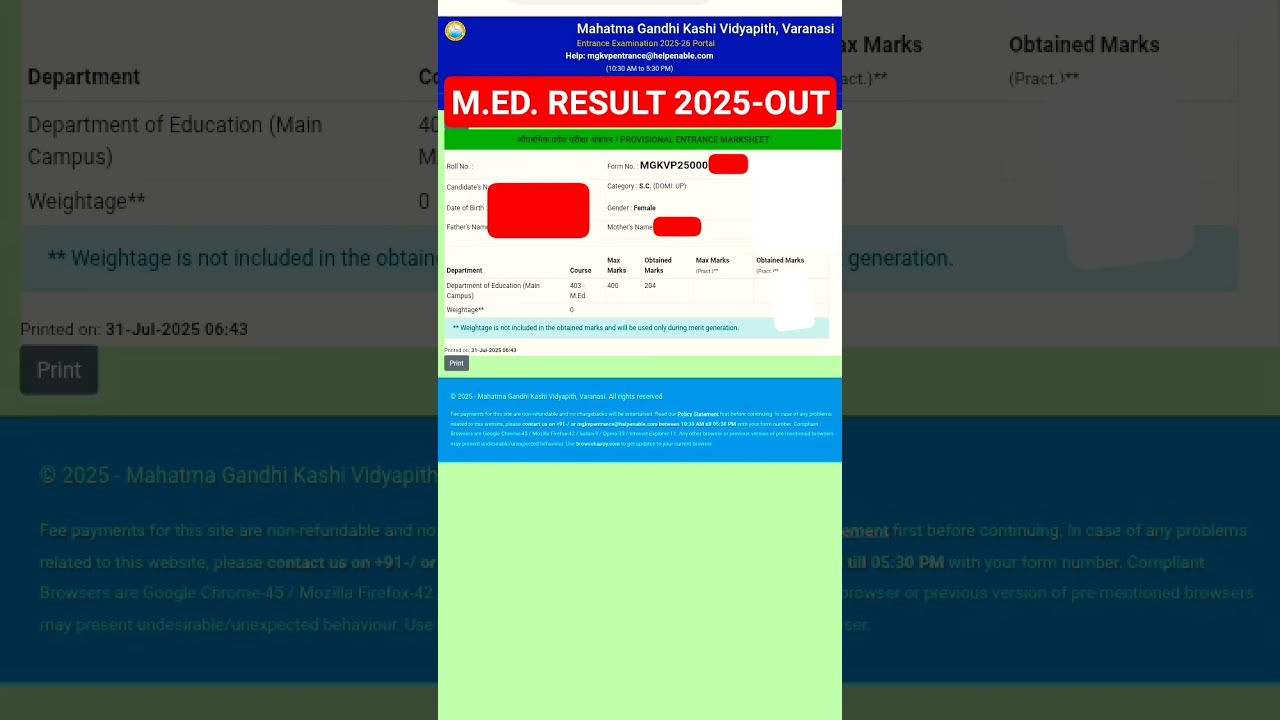MGKVP M.Ed. entrance exam result -2025
