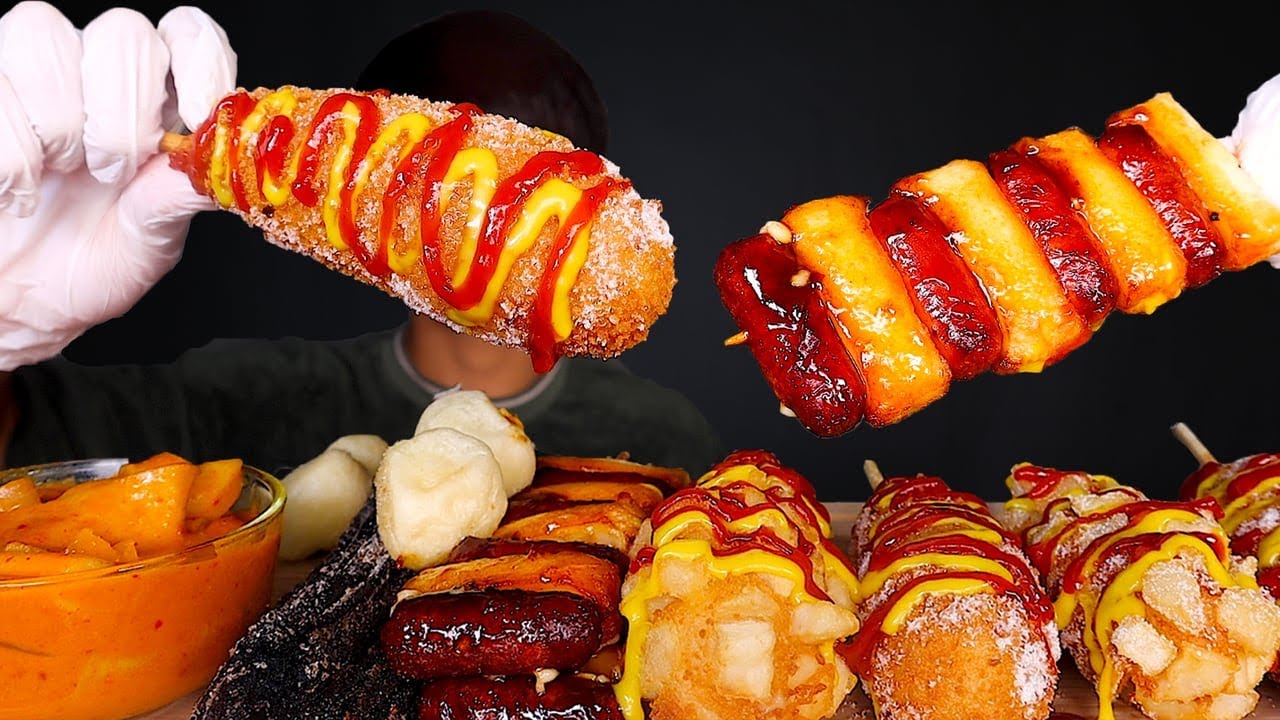 ASMR ARIRANG HOT DOG | MOZZARELLA CORN DOG, SAUSAGE RICE CAKE SKEWER (Eating Sound) | MAR ASMR