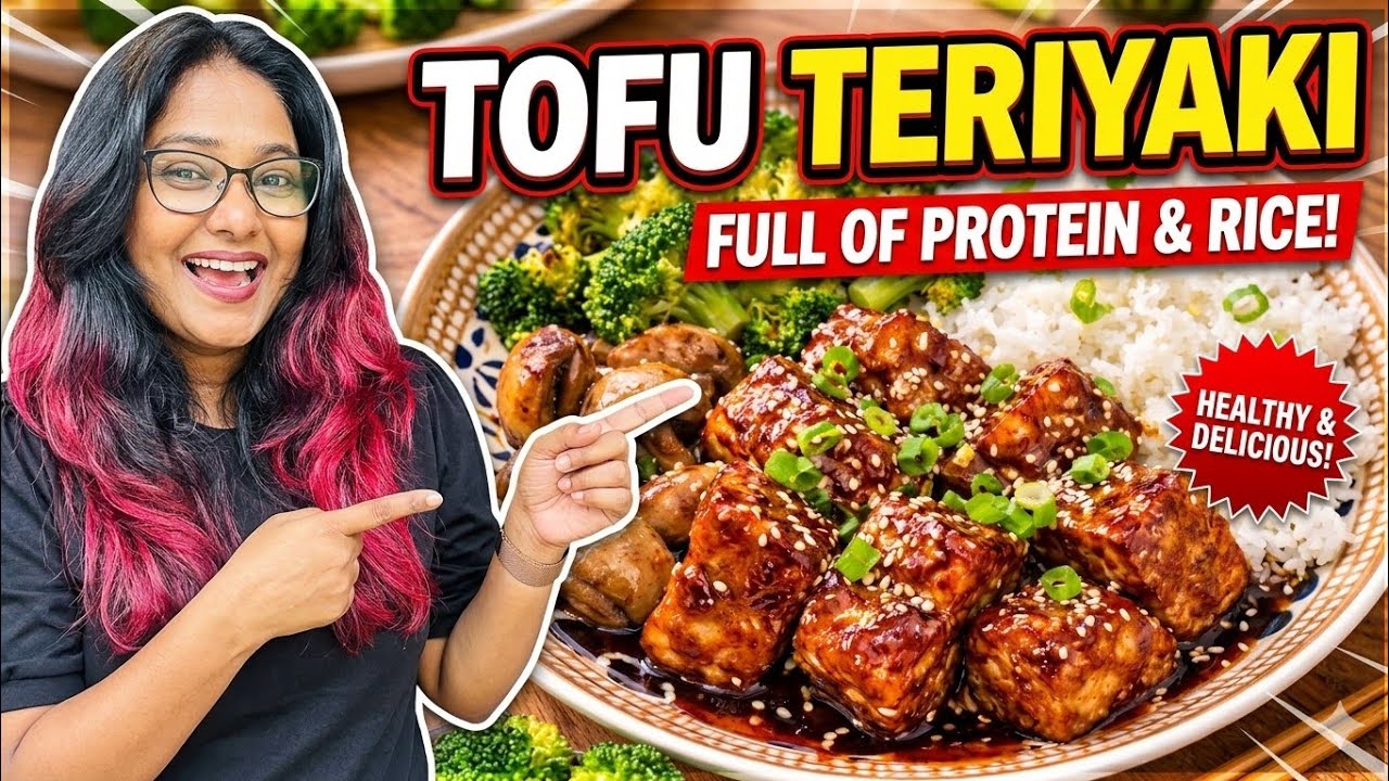 Tofu Teriyaki Japanese protein rice recipe, Tofu Teriyaki with sticky rice and stir fry veggies