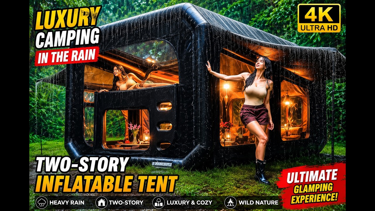 🌧️ Camping Through a Heavy Rainstorm in a Luxury Two-Story Inflatable Tent | Ultimate Cozy Glamping