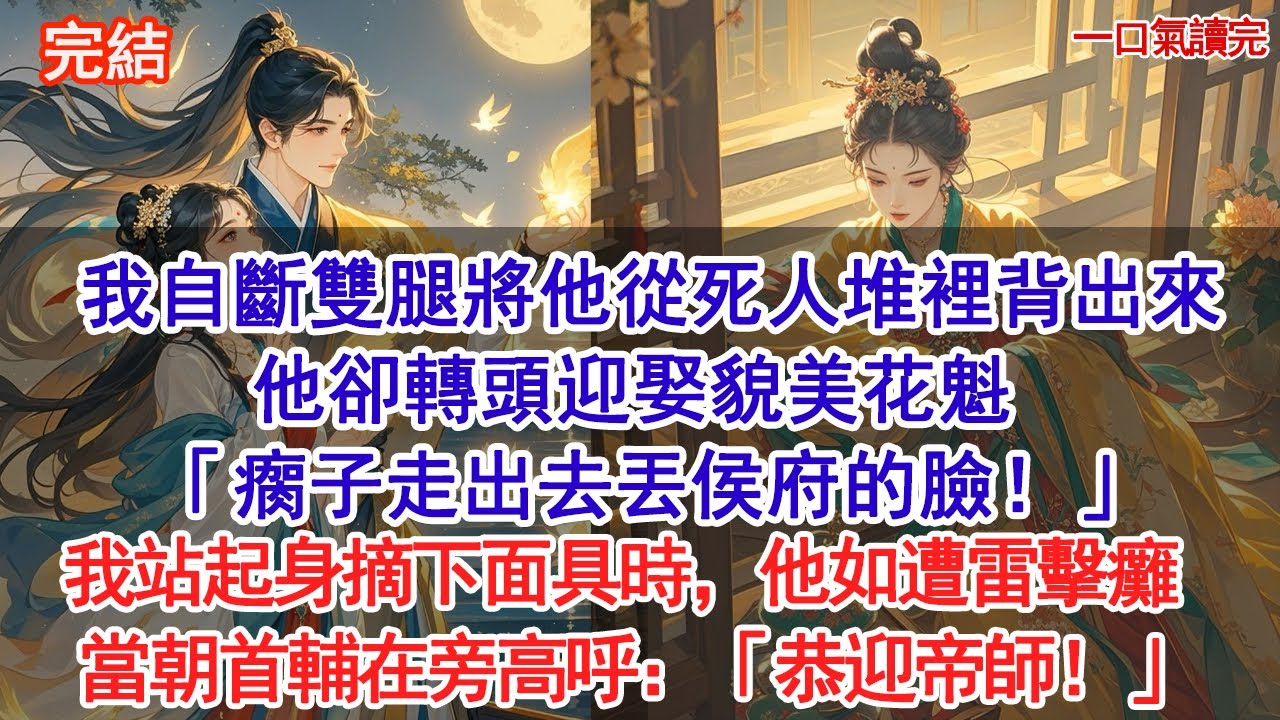 我自斷雙腿將他從死人堆裡背出來，他卻轉頭迎娶貌美花魁「瘸子走出去丟侯府的臉！」當我站起身摘下面具時，他如遭雷擊癱軟在地，當朝首輔在旁高呼：「恭迎帝師！」#古風#追妻火葬場#愛情#小說