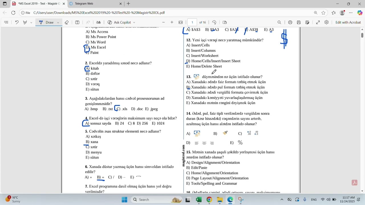 MS Excel 2019 test izahı (1-60)