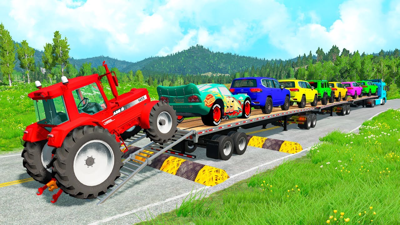 TRANSPORTING PIXAR CARS & FRUITS WITH COLORED & JOHN DEERE vs CLAAS vs TRACTORS - BeamNG.drive #962