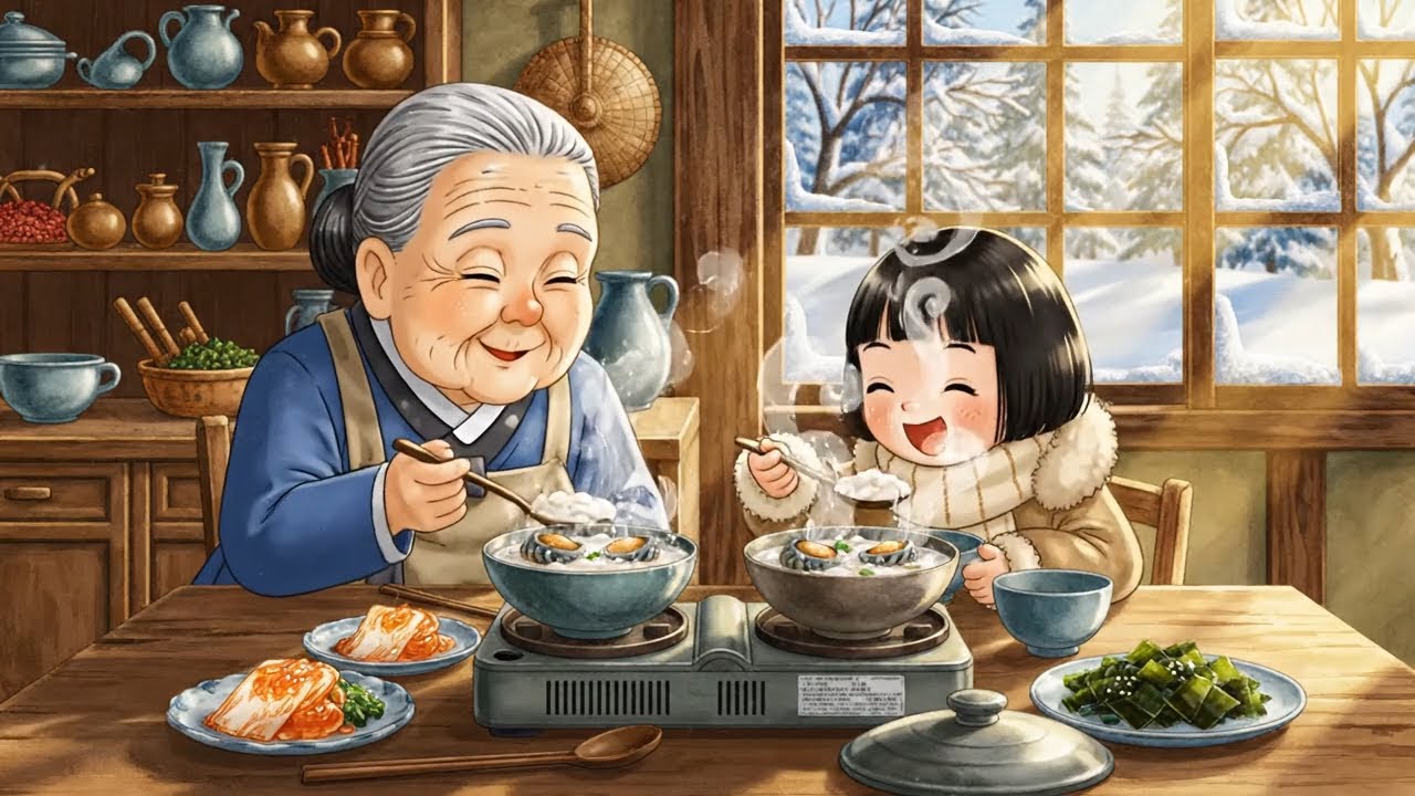 Cozy winter with my grandma - cooking asmr abalone porridge, quick radish kimchi #ghibli #anime