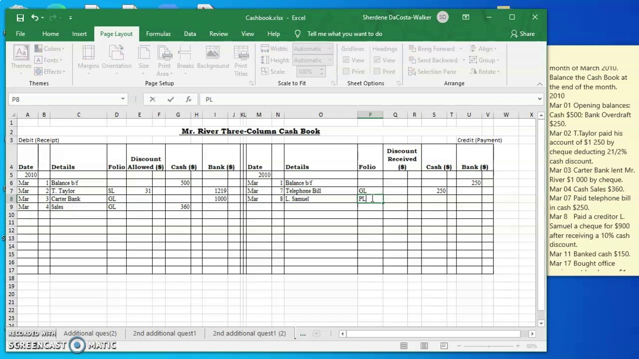 CSEC Principles of Accounts: Entering information in the Cashbook and Balancing off