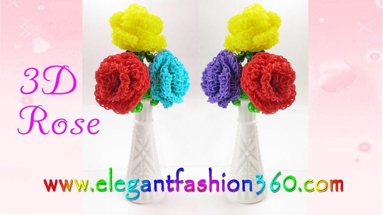 Rainbow Loom Rose 3D Valentine's - How to loom bands - Mother's Day Gift Idea
