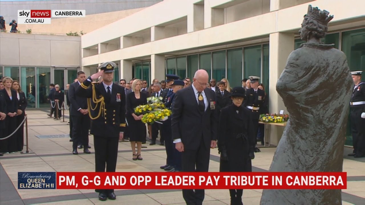 Wreaths laid at statue of Queen Elizabeth II at Parliament House in Canberra