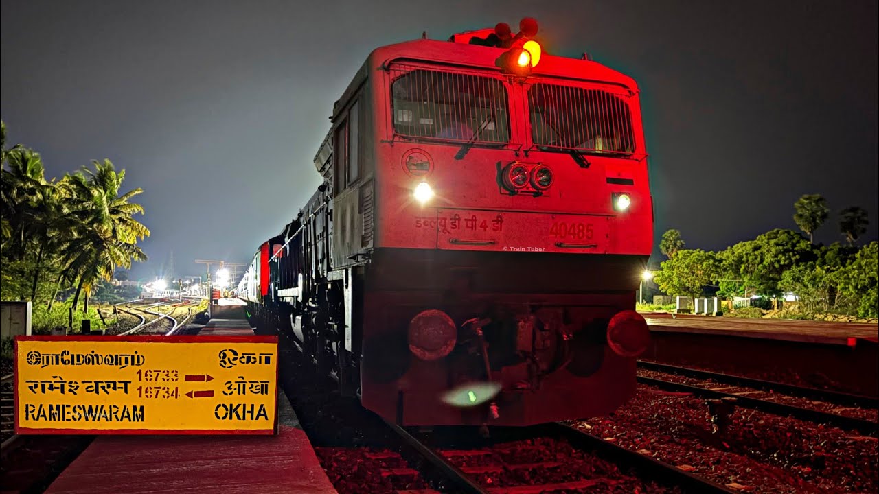RAMESHWARAM To KARUR Train Journey By OKHA Express | Pamban Bridge | High Speed Crossings | HD