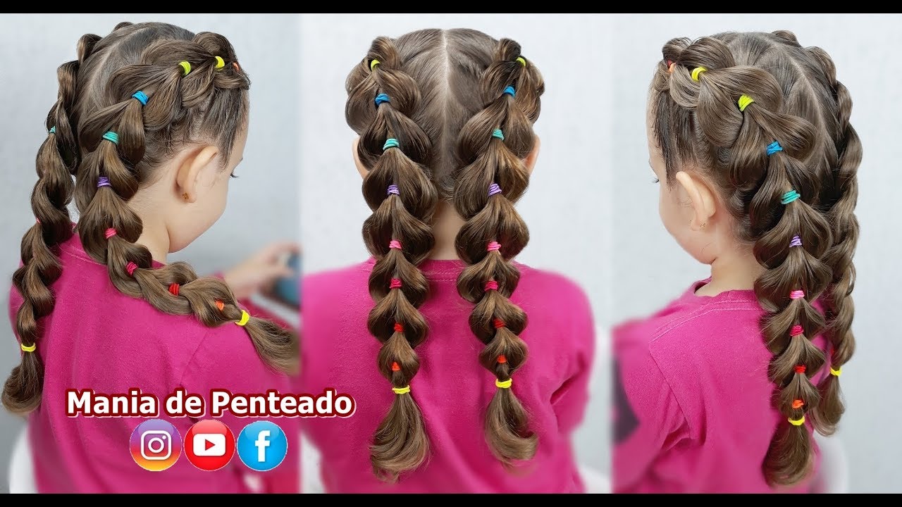 Penteado Infantil Tranças Falsas Laterais com Elásticos Coloridos