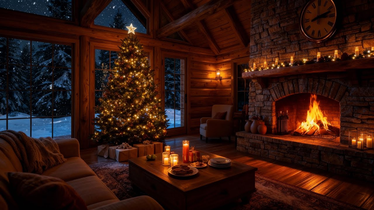 Warm Christmas Ambience | Cozy Cabin Night with Fireplace Crackling & Soft Piano for Relaxation