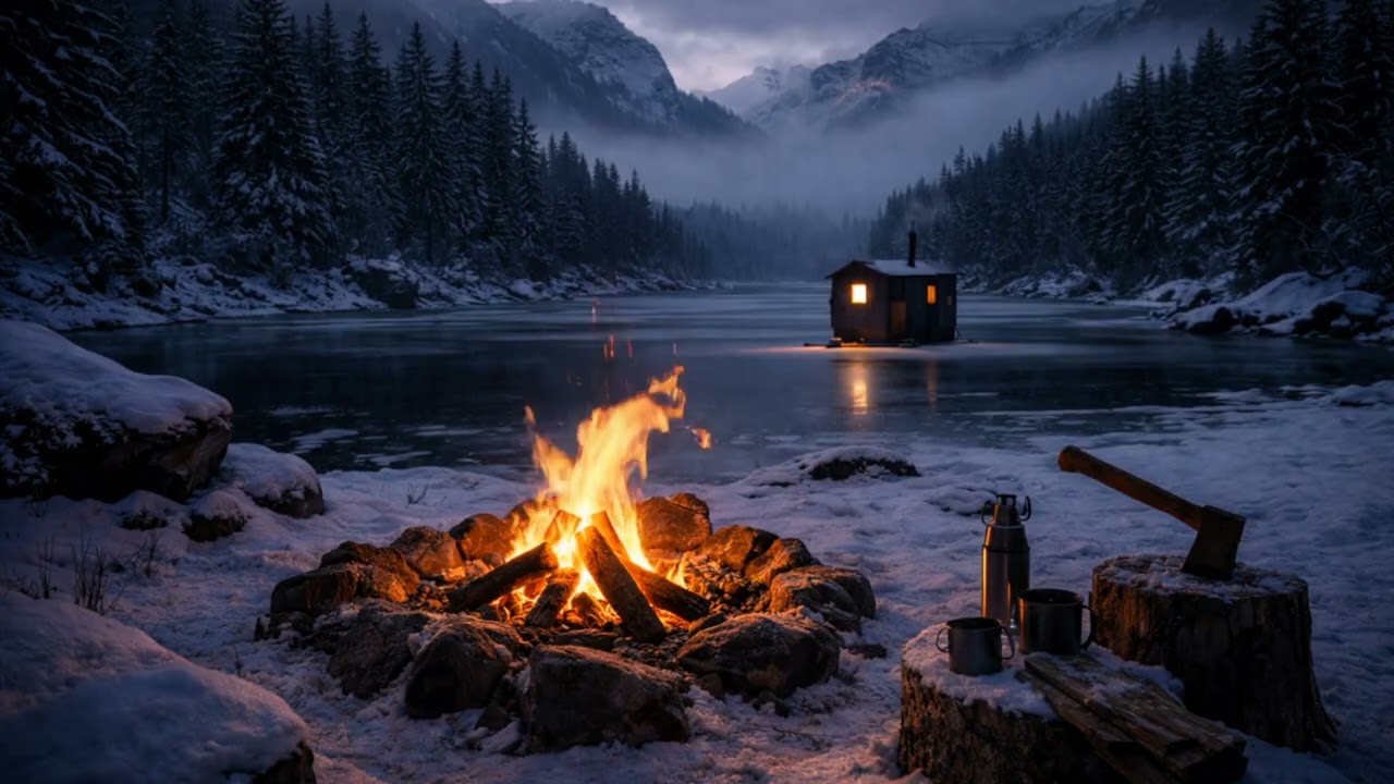 Frozen Lake Campfire at Dusk ❄️🔥 Cozy Winter Ambience with Ice Fishing Hut