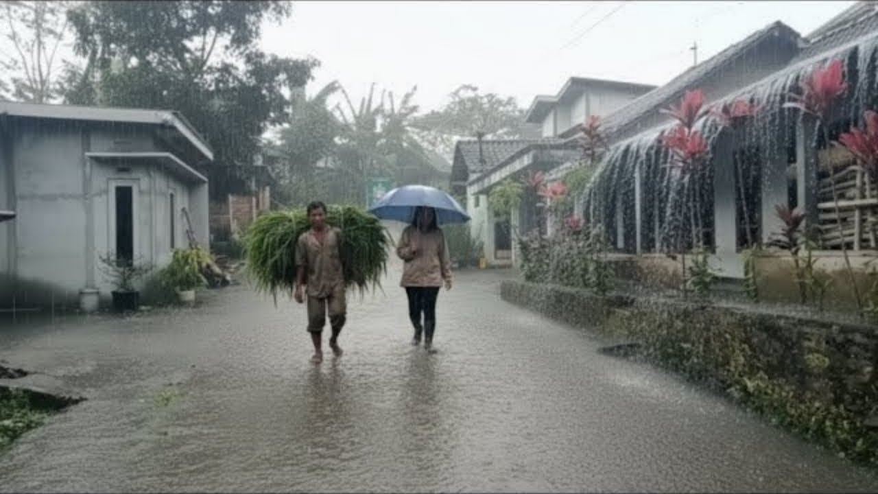 RAIN AND THUNDERSTORM WITH BEAUTIFULL LANSCAPE INDONESIAN VILLAGE