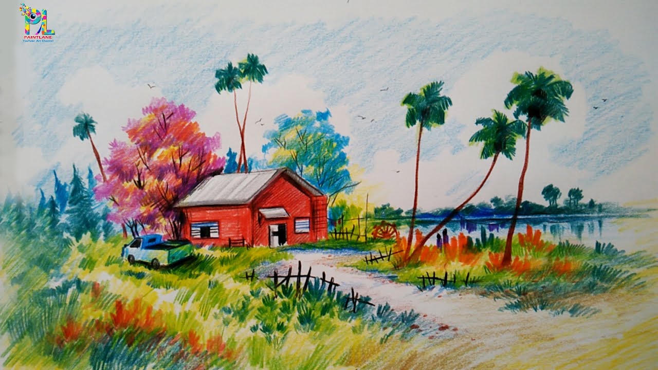 How to draw A Very easy Colorful Village Landscape for Beginners