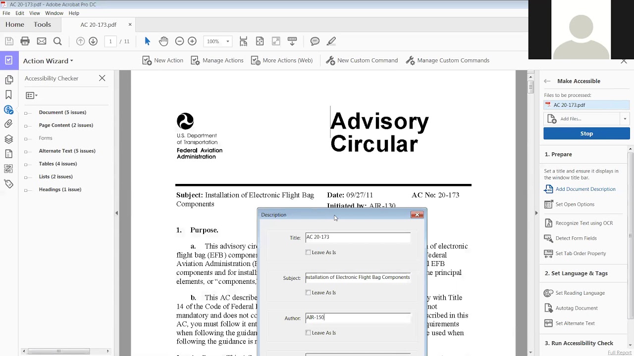How to use the accessibility action wizard, in tools, to make a PDF 508 compliant.