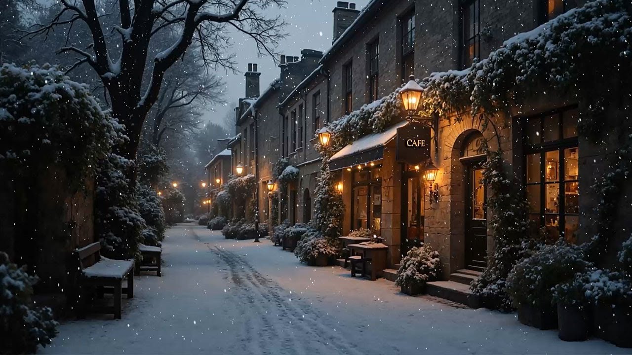 Snowy European Café Street at Dusk | Winter Ambience | Dark Academia for Reading, Study & Focus
