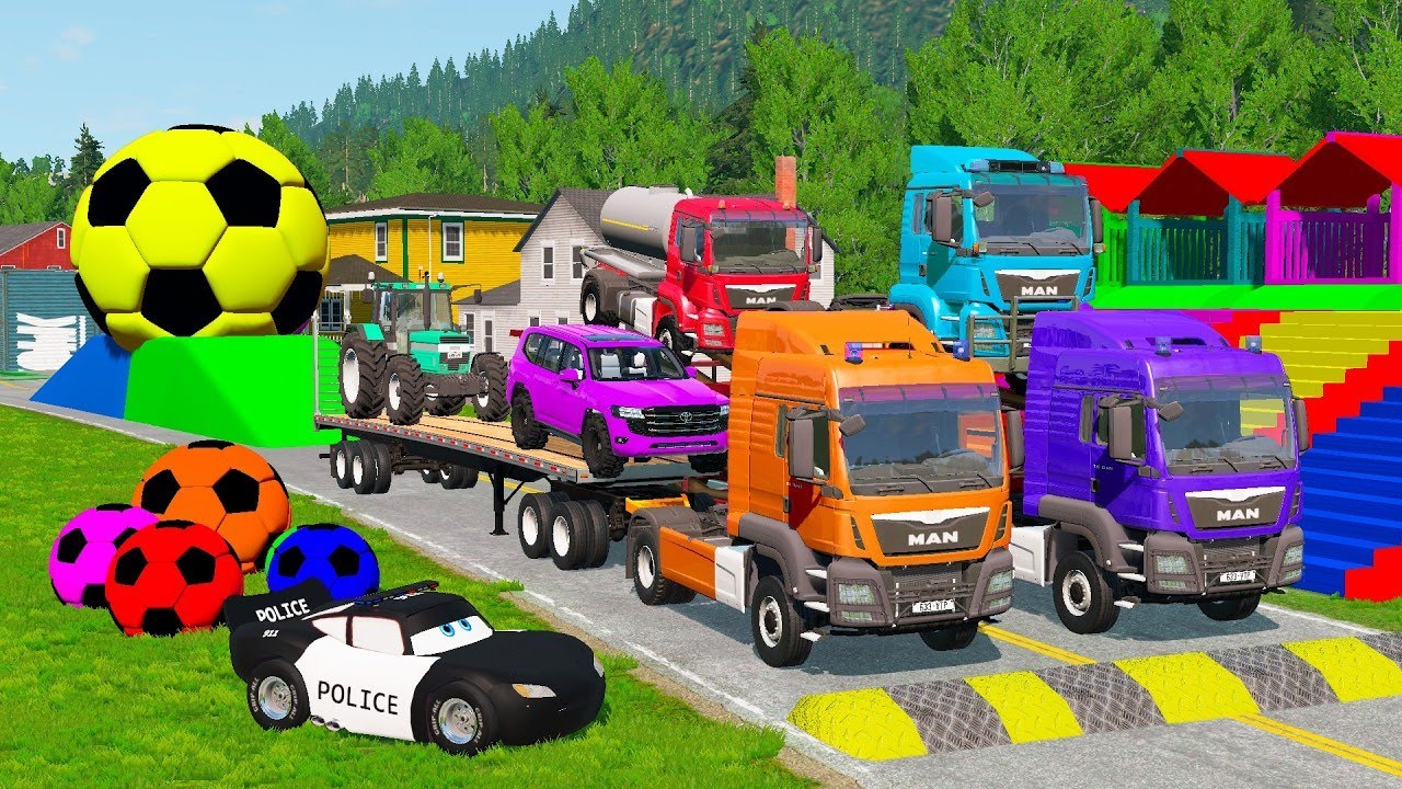 TRANSPORTING PIXAR CARS & FRUITS WITH COLORED & JOHN DEERE vs CLAAS vs TRACTORS - BeamNG.drive #177
