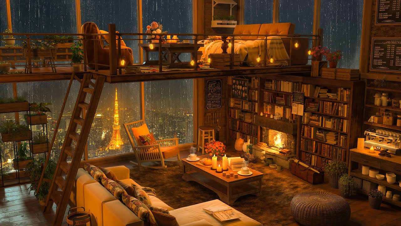 Jazz Relaxing Music for Work, Study 🌧️ Rainy on Mezzanine of Cozy Coffee Shop Ambience at Paris City