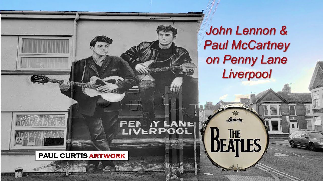 John Lennon & Paul McCartney together on Penny Lane, Liverpool - Paul Curtis Artwork - The Beatles