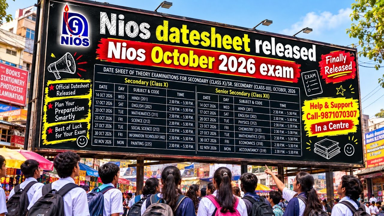 Nios datesheet. Nios exam date की घोषणा हों गयी.nios October2026 Exam datesheet.Help call 9871070307