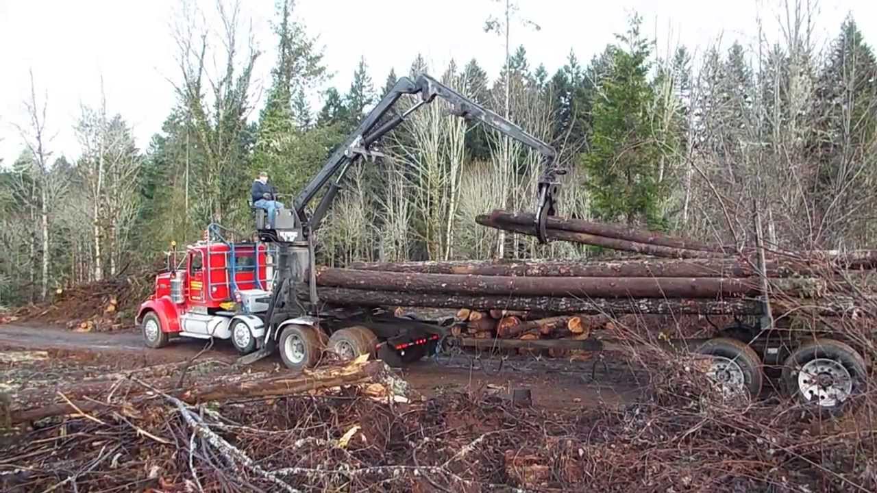 Self Loading log truck stacks a load.