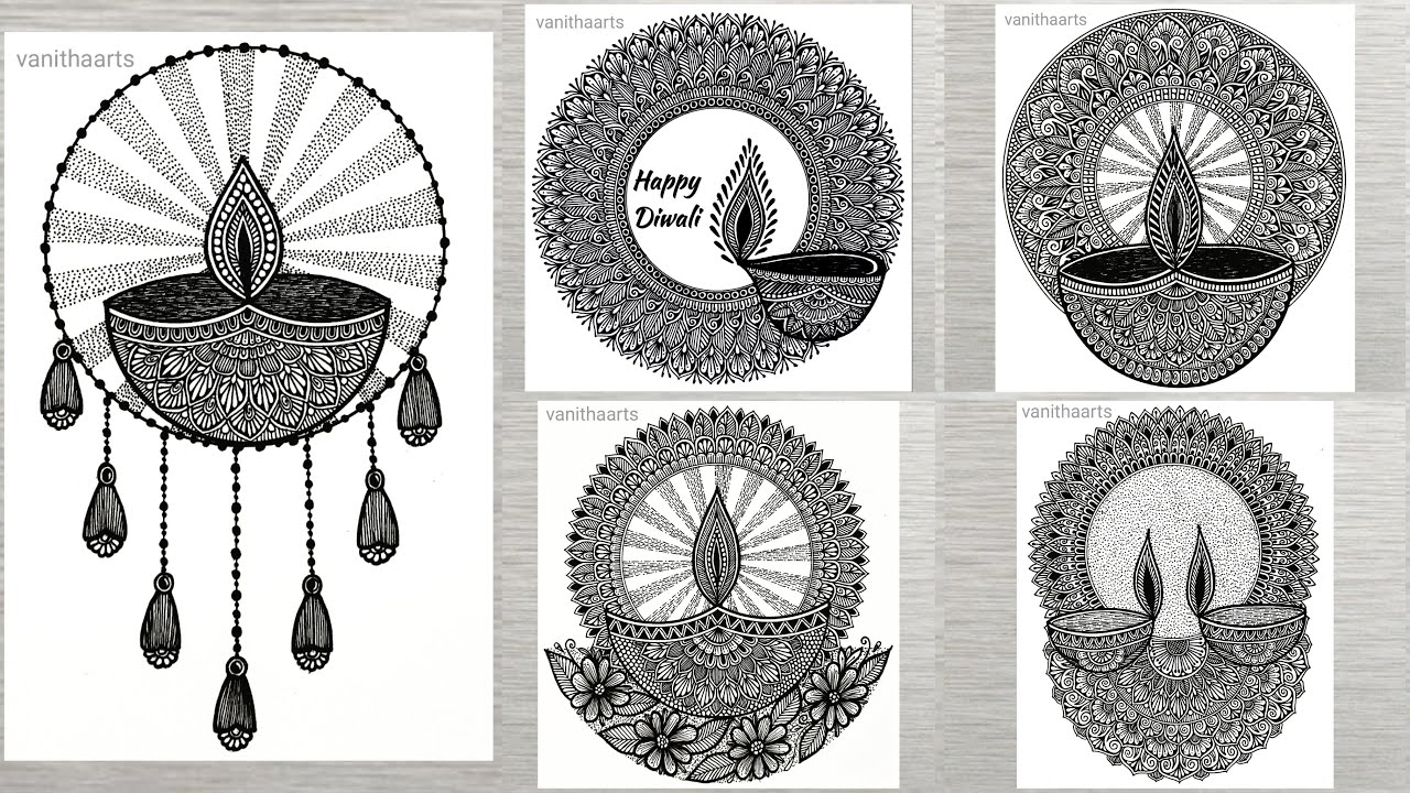 5 Different Diya mandala art | How to draw Mandala for Beginners | Diya drawing | Happy Diwali