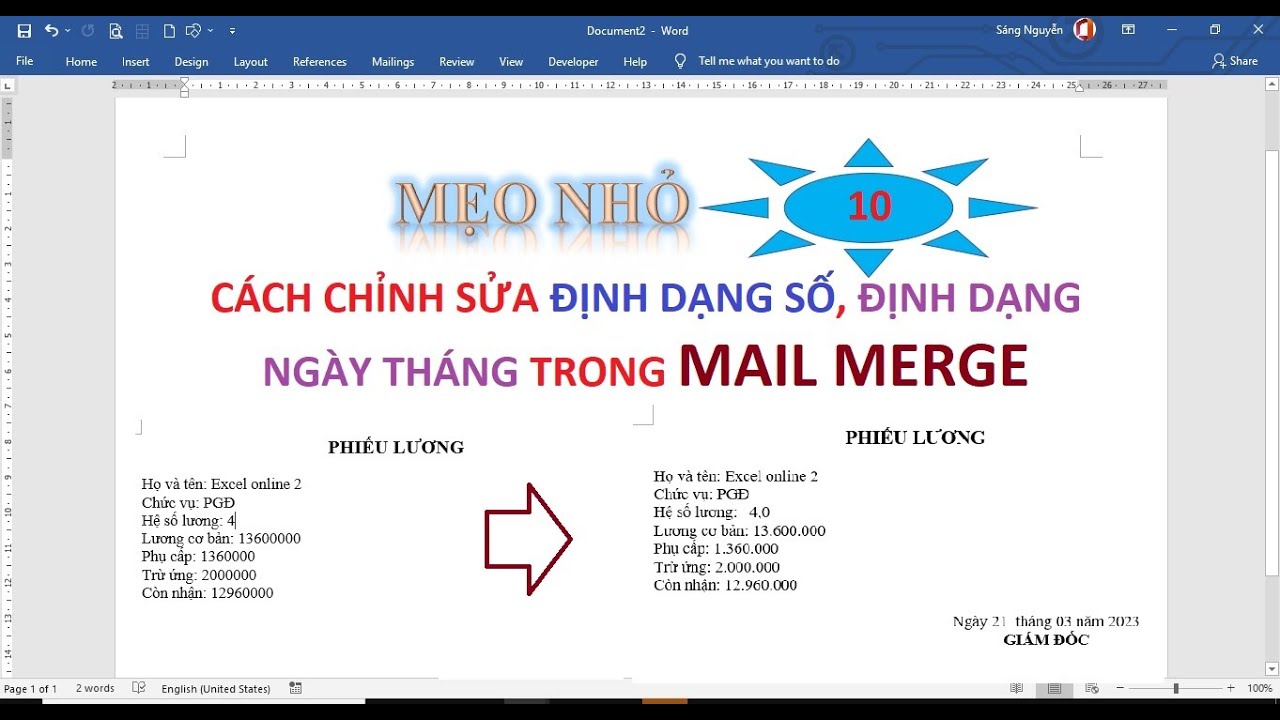 Mẹo nhỏ 10: Cách chỉnh sửa định dạng số, định dạng ngày tháng trong mail merge (file ở mô tả video)