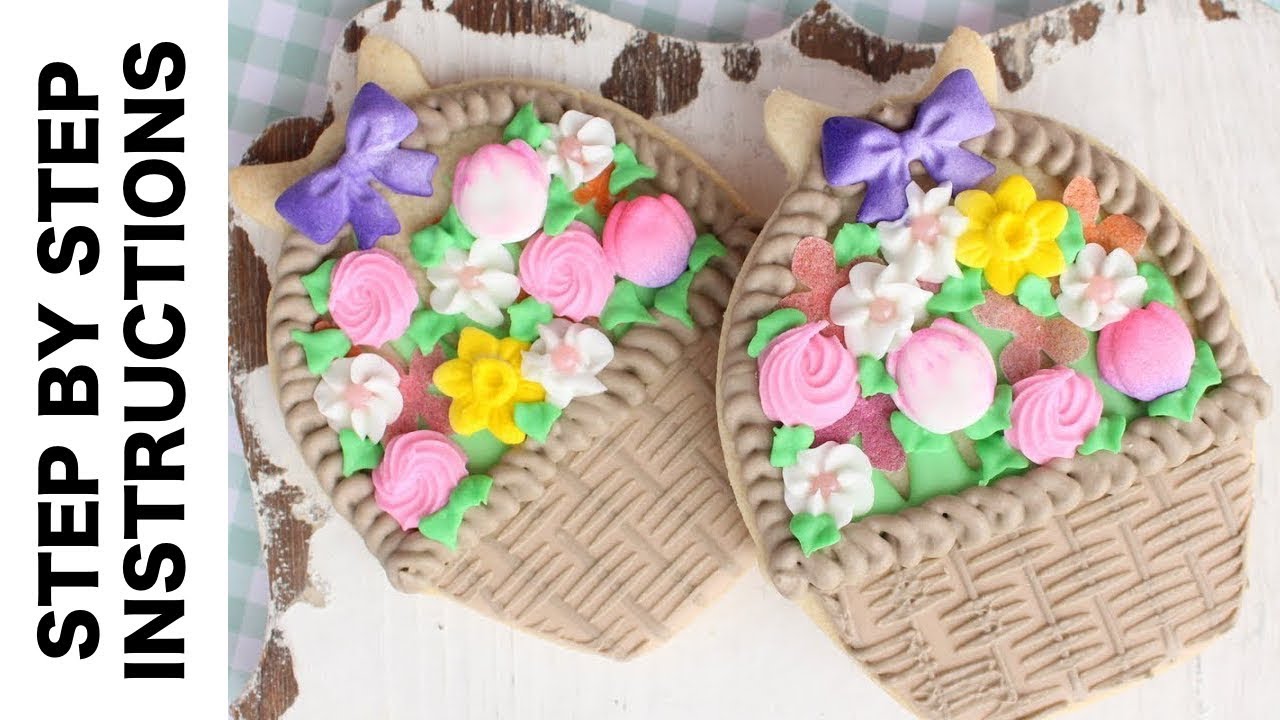 Easter Basket Cookie with stencilled basketweave & assorted flowers