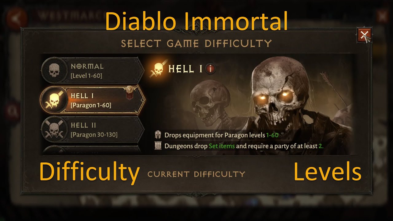 Diablo Immortal Difficulty Levels Normal and Hell I through V