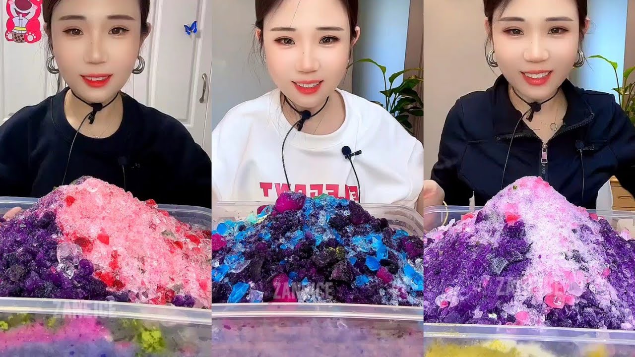 ASMR YY PURPLE MIX JEWELRY ICE EATING IN RECTANGLE BOX WITH MATCHA AND MILK POWDER 