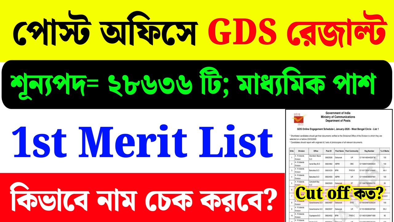 Post office GDS 1st Merit List 2026| Post office GDS Result 2026| GDS Cut Off