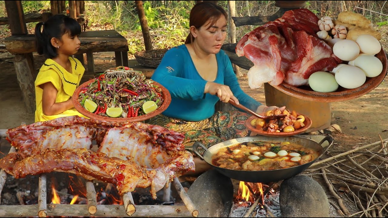 Yummy! Cooking pork belly curry with egg recipe/ Grilled pork rib spicy +4food cooking in forest