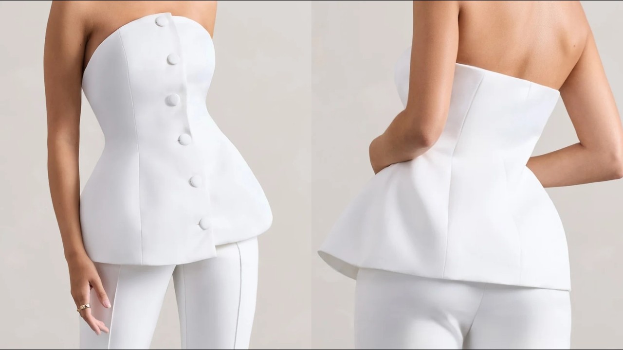 LET US DRAFT STRAPLESS BUTTON DOWN EXAGGERATED HIP TOP