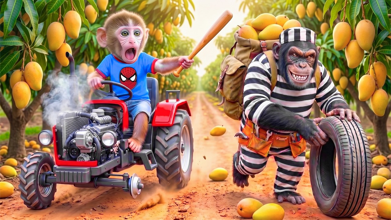 Małpia NaNa jedzie traktorem JCB, żeby zebrać mango i łapie wandala na farmie!