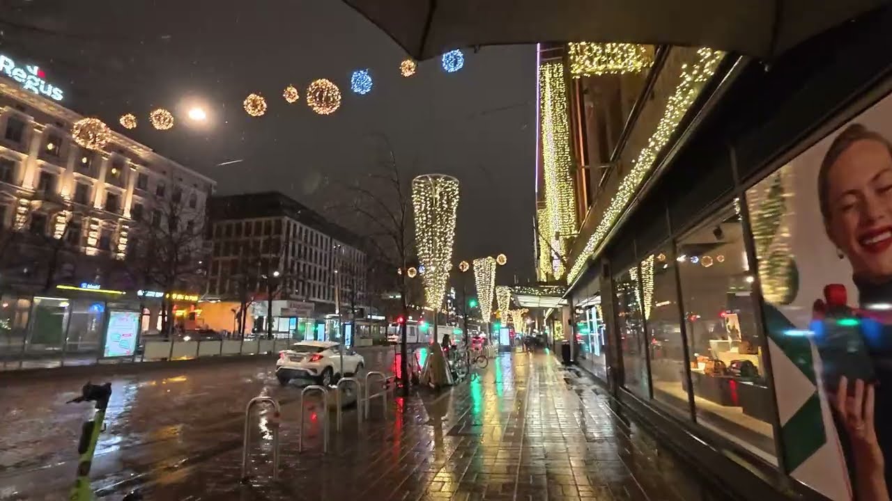 Rainy Christmas Night in Helsinki Finland 🌧️ | City Walk & Festive Lights