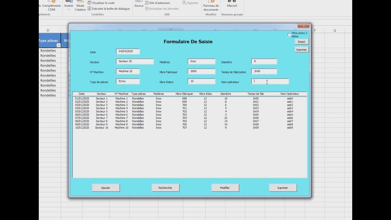 Excel VBA Formulaire Userform + Listbox + Filtre entre 2 dates + Impression