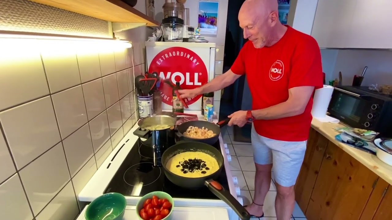 Woll Titan Best Pfannen und Concept Topf mit schneller Sommerküche,Garnelen ,Tortellini ,Käsesoße .