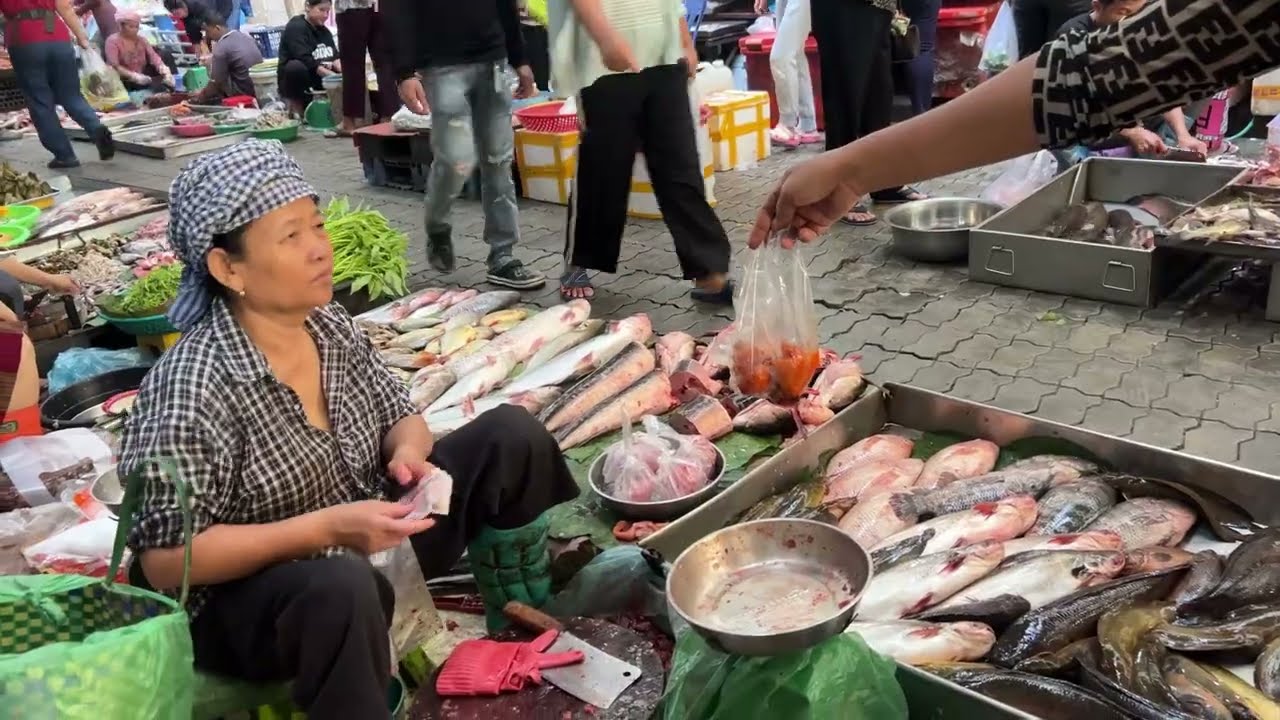 Massive Food market in Phnom Penh City, Cambodia - Looking Fresh Fish, Vegetables, Fruits & More 