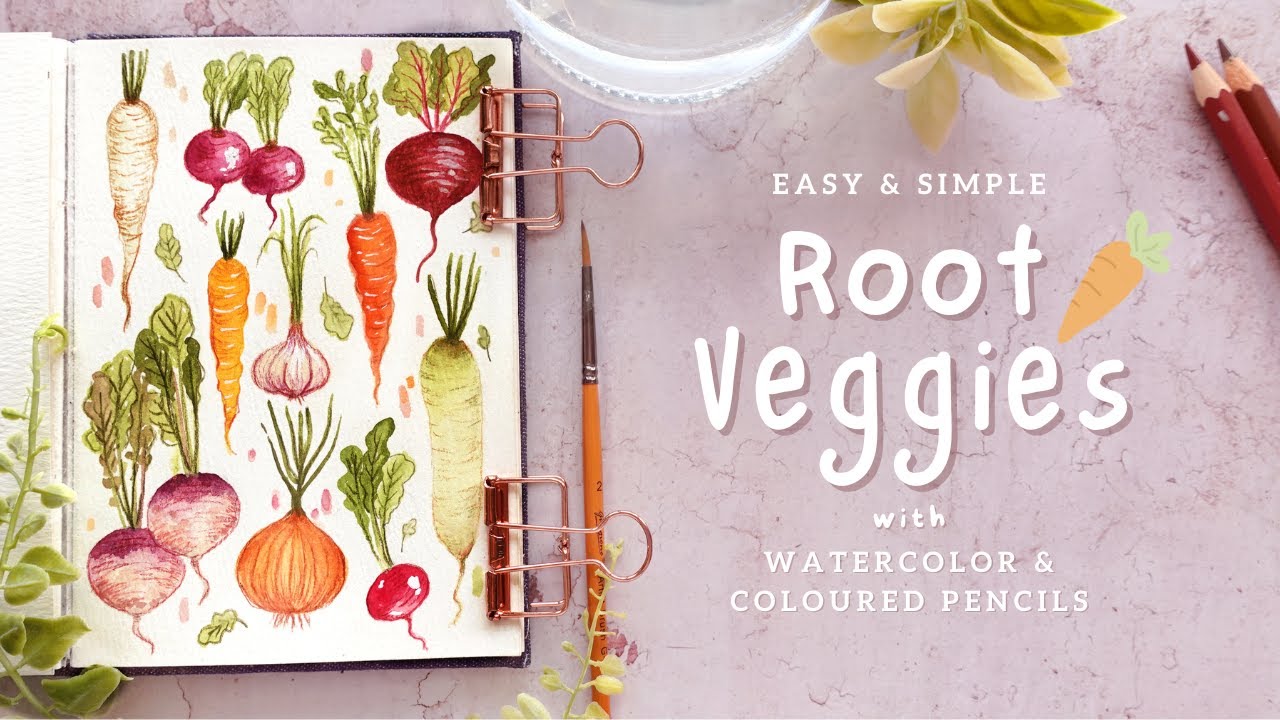 Simple & Easy Root Veggies with Watercolor & Coloured Pencils