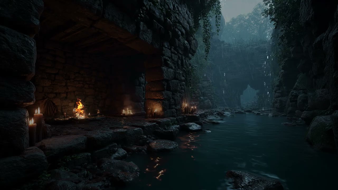 Powerful Thunder and Heavy Rain Inside a Remote Cave | Intense Night Atmosphere