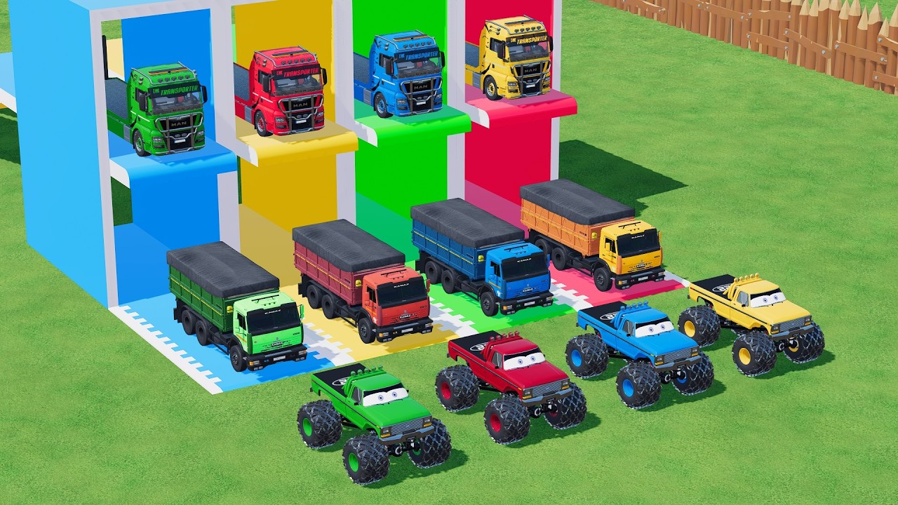 Garage with Colors ALL MIXER TRUCK WITH DOUBLE FLATBED TRAILER TRUCK, MERCEDES, INTERNATIONAL, KAMAZ