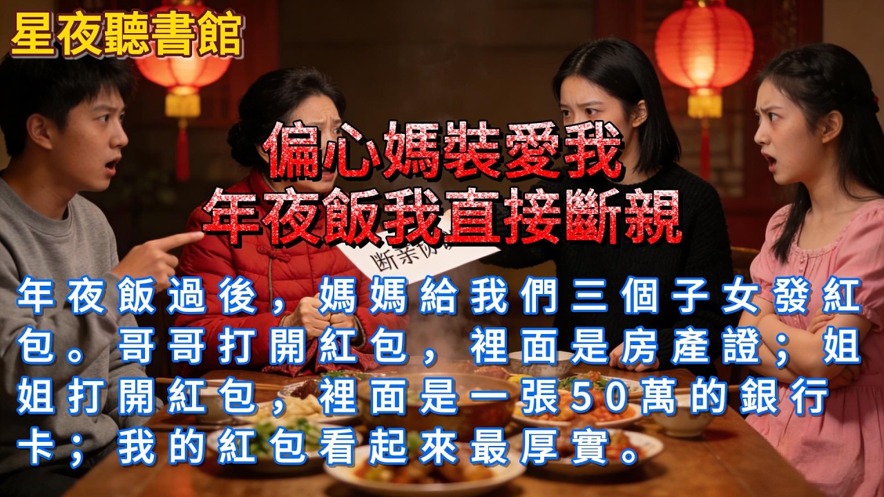 《偏心媽裝愛我，年夜飯我直接斷親》年夜飯過後，媽媽給我們三個子女發紅包。哥哥打開紅包，裡面是房產證；姐姐打開紅包，裡面是一張50萬的銀行卡；我的紅包看起來最厚實。#爽文 #一口氣看完 #小說推文