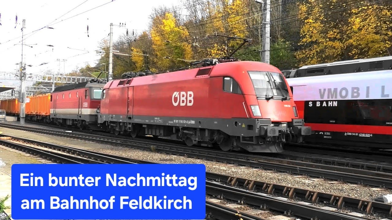 Feldkirch: Sch&ouml;ner bunter Bahnverkehr mit Werbe-Taurus, G&uuml;terz&uuml;gen, ICE, Westbahn, Verschubfahrten